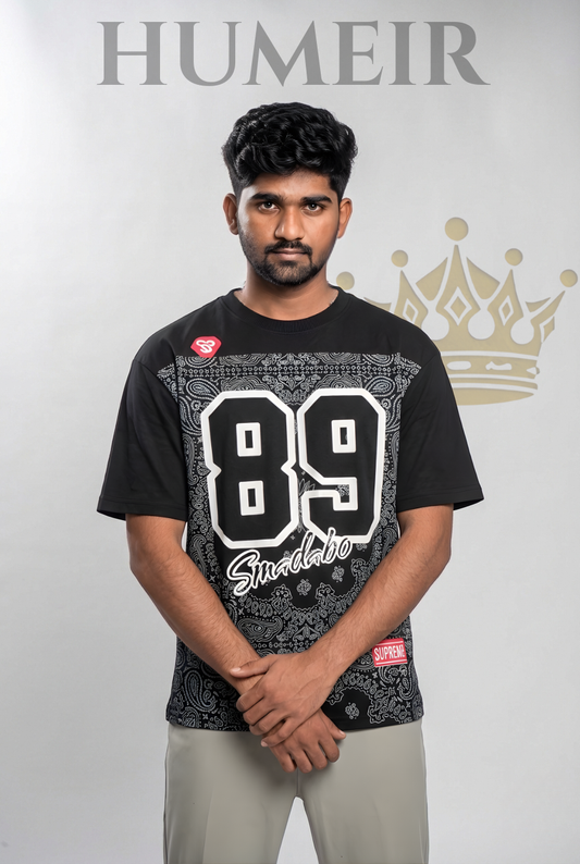 HUMEIR "89 Smadabo" Men’s Oversized Black T-Shirt – 220 GSM Terry Cotton