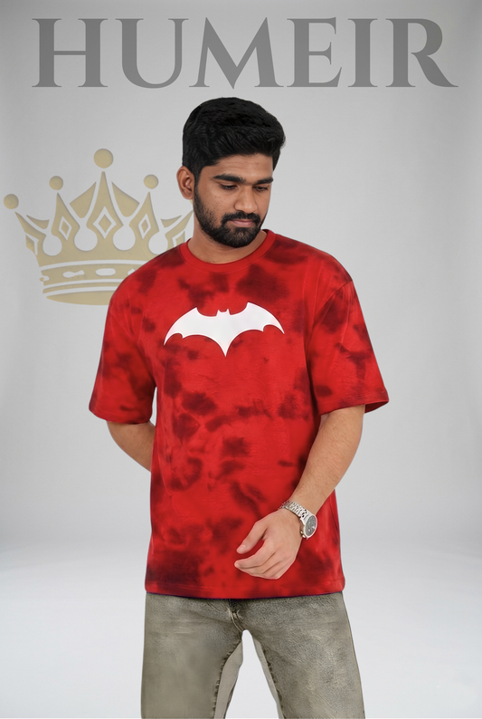 HUMEIR Red Tie-Dye Bat Logo Oversized T-Shirt