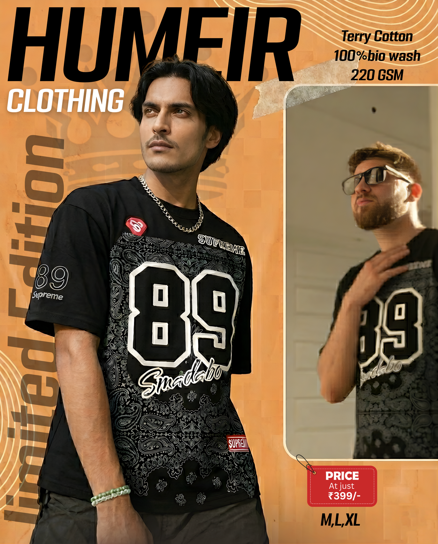 HUMEIR "89 Smadabo" Men’s Oversized Black T-Shirt – 220 GSM Terry Cotton